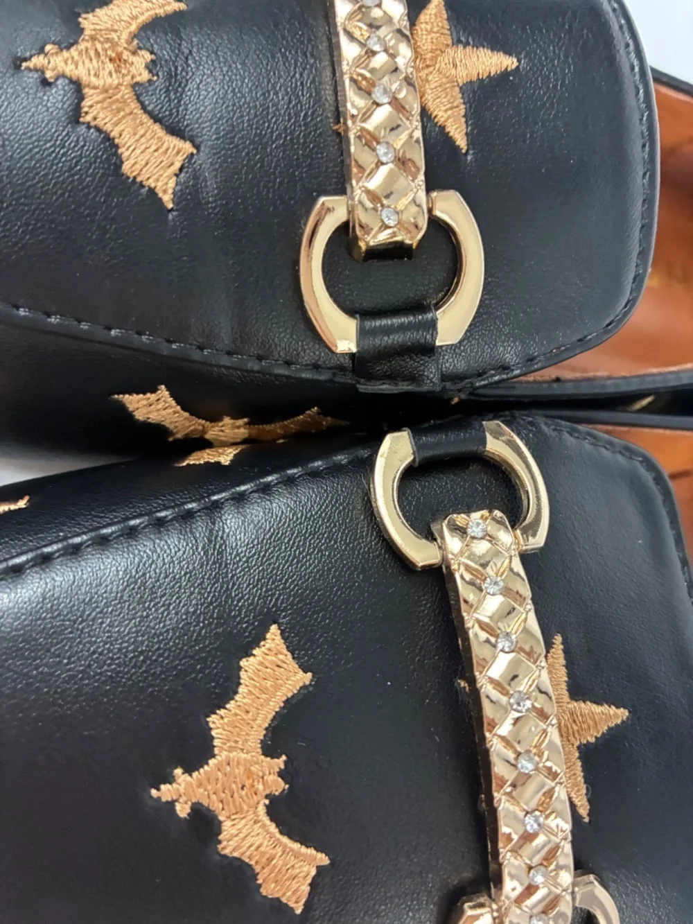 Bat Star Embroidered Loafers Black Horsebit Flat Slip On Shoes Smooth Leather